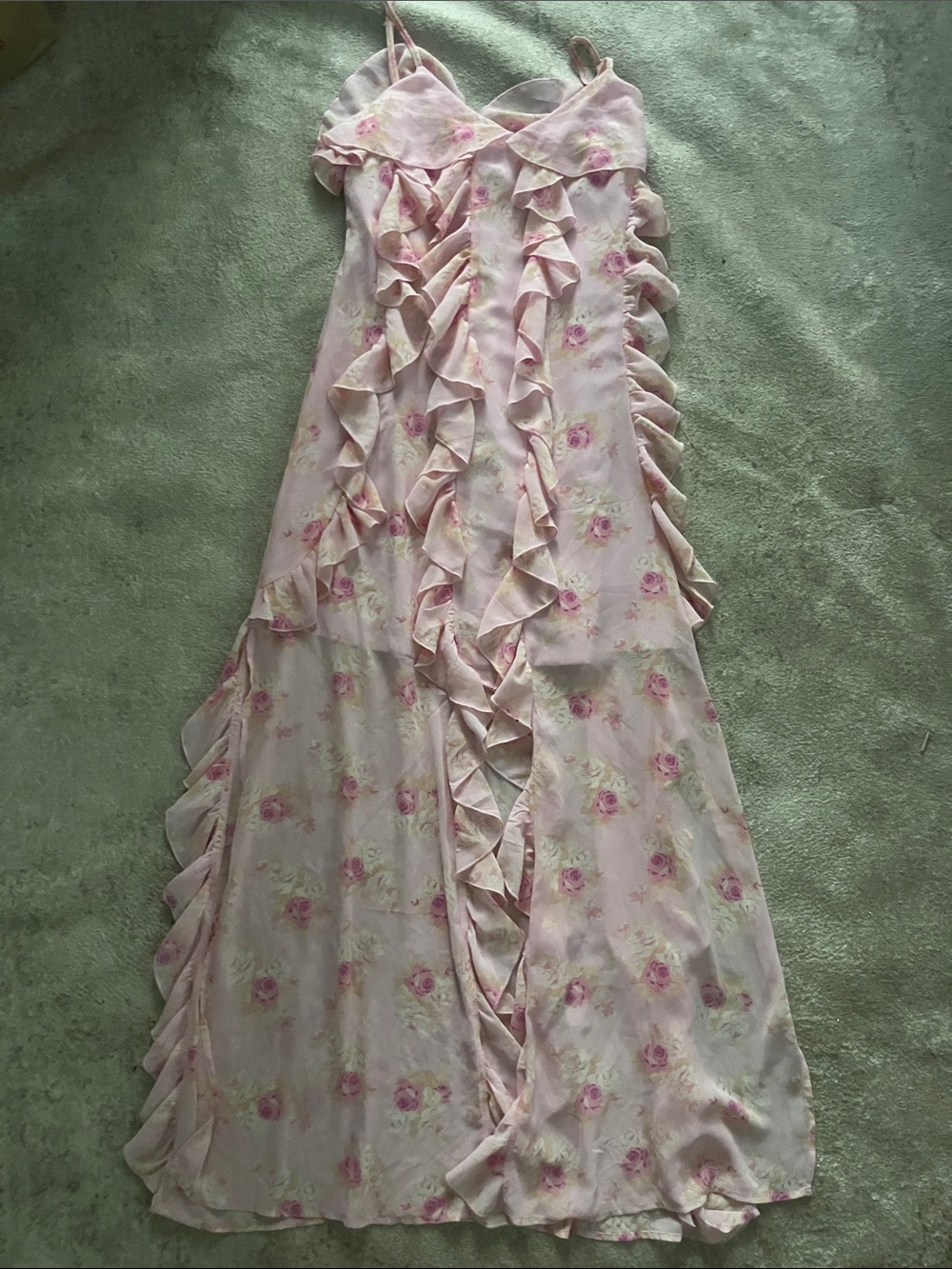 Coquette Cottagecore Pink Floral Ruffle Maxi Dress